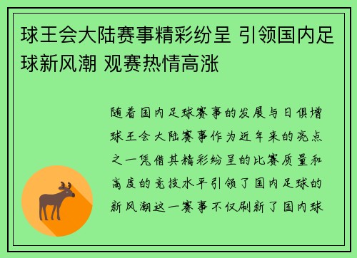 球王会大陆赛事精彩纷呈 引领国内足球新风潮 观赛热情高涨