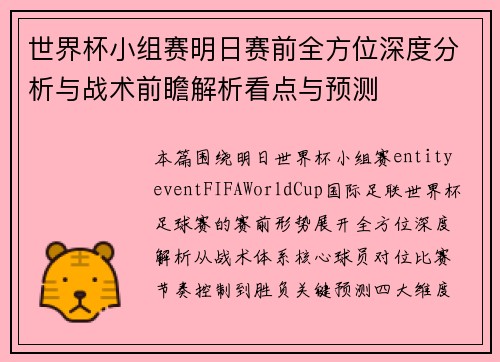 世界杯小组赛明日赛前全方位深度分析与战术前瞻解析看点与预测