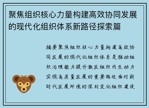 聚焦组织核心力量构建高效协同发展的现代化组织体系新路径探索篇